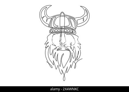 Einzelner, durchgehender Zeichnungskopf eines bärtigen wikingerkriegers mit gehörntem Helm. Vikings Team Logo. Sport-Label mit viking-Illustration. Krieger in Stock Vektor