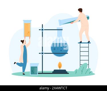 Chemisch-wissenschaftliches Laborversuch, Wasserkochen mit Reagenzien in Kolben. Winzige Leute studieren Reaktion in Reagenzgläsern, Chemiker erhitzen chemische Flüssigkeit auf Brenner Cartoon Vektor Illustration Stock Vektor