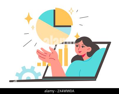 Laptop-Online-Service weibliche Angestellte auf dem Bildschirm Geschäftsfrau, die Daten analysiert Stock Vektor