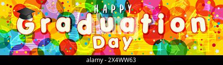 Happy Graduation Day 2024: Festliches farbenfrohes Banner. Horizontales Websymbol. Farbiger Hintergrund mit Konfetti und Schnittmaske. 3D-Konstruktion. Balldekor Stock Vektor