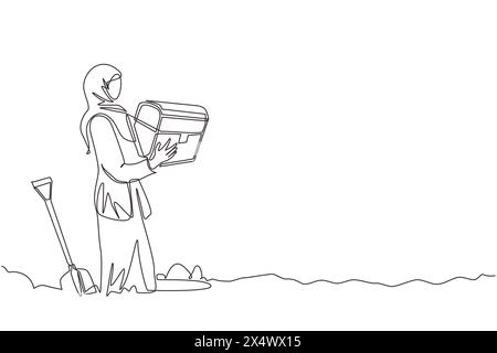 Eine durchgehende Linie zeichnet arabische Jägerin, die eine Truhe hält, findet Schätze im Boden. Aufgeregte Geschäftsfrau mit Edelsteinartefakt. Goldschatz Stock Vektor