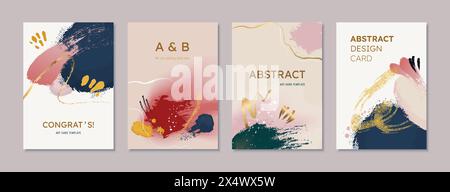 Aquarellkarten. Abstrakte Poster in Gold und weiß mit modernen Kunstspritzern und Farbtropfen. Rahmenvorlagen. Schöne Grafik, minimales Design, kreatives Cover. Sammlung von Vektorhintergründen Stock Vektor
