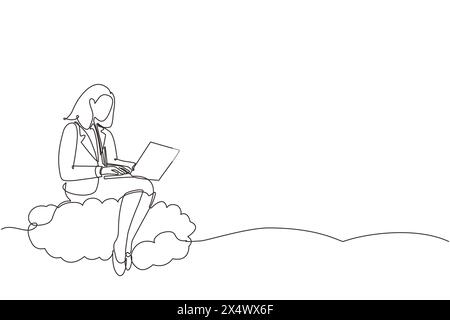 Geschäftsfrau, die auf Wolken am Himmel sitzt und mit Laptop arbeitet. Kabellose Verbindung. Soziale Netzwerke, chatten mit c Stock Vektor