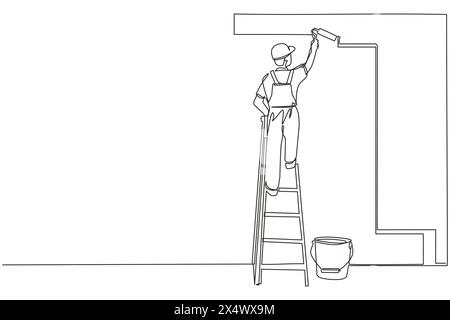 Ein einzeiliger Zeichenmaler, der auf einer Treppe steht, malt die Wand. Der Mann hält die Malerwalze in der Hand. Menschliche Läufe für Bauarbeiten. Worke Stock Vektor