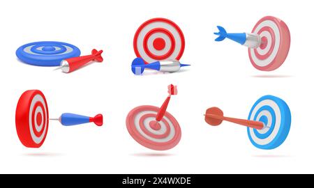 3D-Ziel. Torpfeil-Symbol aus verschiedenen Blickwinkeln, Pfeil für die Strategie des Geschäftsspiels für das Kundenboard, sportliche Treffer oder Punkte. Isoliertes Element rendern. Effektives Marketing-Targeting-Vektorillustration-Konzept Stock Vektor