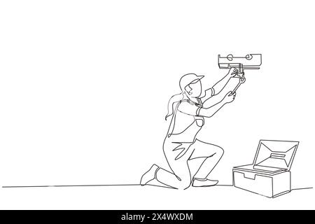 Eine einzige einzeilige Zeichnung weiblicher Klempner in der Gesamtheit installiert den Warmwasserbereiter oder Kessel. Reparatur-, Wartungs- und Sanitär-Service für Haushalte. Handywoman Concept Stock Vektor