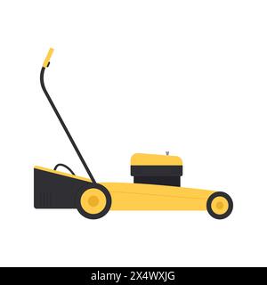 Rasenmäher zum Mähen von Gras mit gelbem Körper, Motor und Griff Vektorillustration Stock Vektor