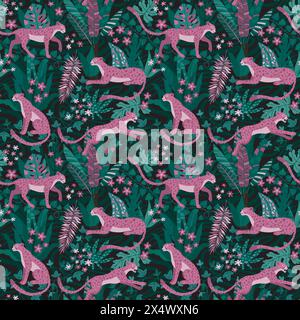 Tropisches Muster. Dschungelmuster mit afrikanischem Leoparden oder Tiger, Safaripflanzen und Blumen, Fashion Pink jaguar. Dekor aus Textil, Geschenkpapier und Tapetendesign. Nahtloser Vektor-Hintergrund Stock Vektor