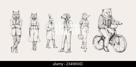 Tierskizze. Säugetiercharakter. Kaninchen und Ochsen in Kleidung. Anthropomorpher Bär auf dem Fahrrad. Handgezeichneter Stil der Kinderkunst. Fahrradrad und Spielzeug. Katze in Kleid und Schuhen. Männlicher Hund. Vektorporträtset Stock Vektor