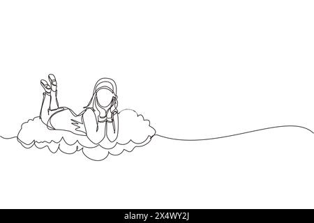 Durchgehende einzeilige Zeichnung Träumer. Eine arabische Geschäftsfrau lag auf den Wolken und träumte oder dachte etwas über neue Geschäfte nach. Frau, die auf dem Klo liegt Stock Vektor
