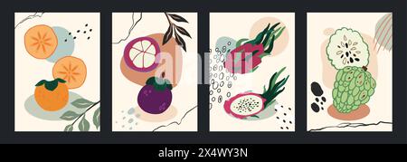 Tropisches Poster. Exotische Früchte, ganze und halbe Jackfrucht, Drachenfrucht und Persimmon. Frische saftige Sommerprodukte auf abstraktem Hintergrund. Cover- oder vertikales Bannerdesign. Vektorillustrationssatz Stock Vektor
