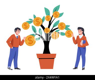 Geldbaum. Investitionen finanzieren. Goldmünzen an den Pflanzenzweigen. Menschen, die Dollar investieren. Wohlstand wächst. Gewinn aus der Wirtschaft. Erfolgreicher Millionär-Investor. Cash-Wachstum. Ersparnisse werden gefördert. Vektorkonzept Stock Vektor
