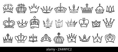 Königskrone. Handgezeichnetes Queen Line Art Logo, Grunge Urban Sketch isolierte Dekoelemente, Prinz und Prinzessin Luxus Ikone. Königliches Symbol. Majestätische Monarch Kopfbedeckung Vektor Hand gezeichnet Zubehör Set Stock Vektor