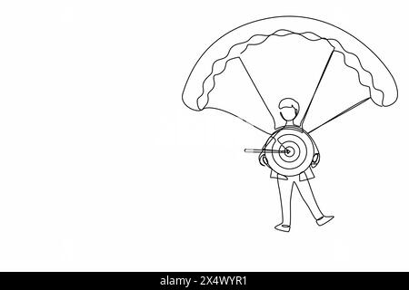 Ein einziger, einzeiliger Geschäftsmann, der das Ziel mit einem Pfeil im Bullseye hält und mit dem Fallschirm springt. Erfolg und Erfolg. Geschäftsziel-Konzept Stock Vektor