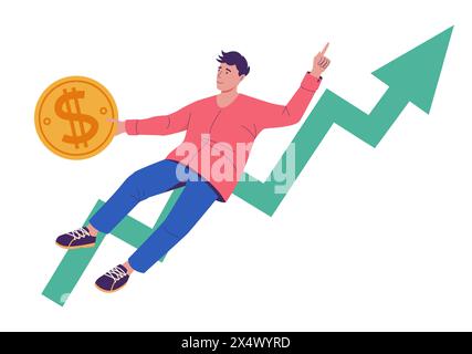Geldinvestition. Finanzinvestitionen. Pfeil für Gewinnwachstum. Goldene Münzen. Einkommensdiagramm. Vermögenseinsparungen. Finanzeinlage. Erfolgreicher Investor. Fliegende Geschäftsleute. Wachsende Infografik. Vektorkonzept Stock Vektor