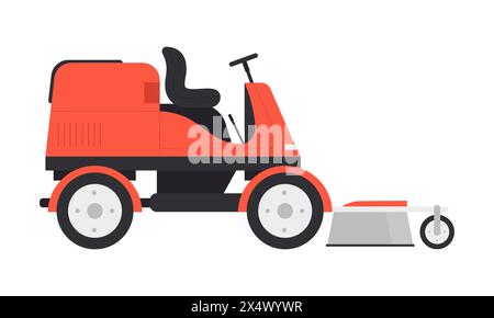 Traktor-Rasenmäher mit mit Aktenvernichter, rote Maschine mit Trimmer-Vektor-Illustration Stock Vektor