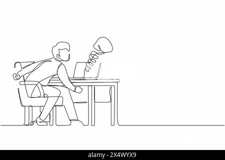 Einzelne durchgehende Linie zeichnet trauriger Mann, der soziale Medien benutzt und von Boxhandschuhen vom Computer-Laptop geschlagen wird. Cyber-Mobbing, Online-Belästigung u Stock Vektor