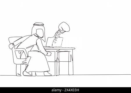 Durchgehend eine Linie zeichnet traurigen arabischen Mann, der soziale Medien benutzt und von Boxhandschuhen vom Computer-Laptop geschlagen wird. Cyber-Mobbing, Online-Belästigung Stock Vektor