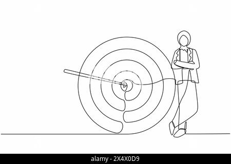 Durchgehende eine Linie, die eine arabische Geschäftsfrau oder Manager neben dem Ziel zeichnet. Pfeil traf genau das Ziel. Erfolgreiche Geschäftsstrategie, Marketin Stock Vektor