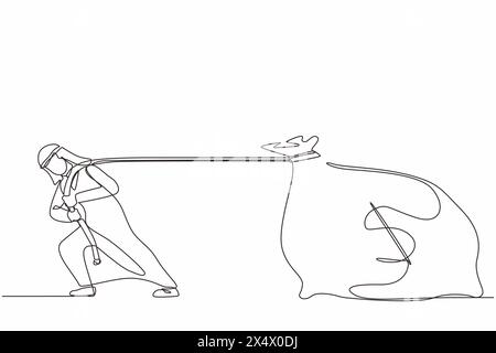 Ein durchgehender arabischer Geschäftsmann, der eine große Tüte Geld zieht. Geschäftsmetapher. Konzept des Unternehmenswettbewerbs oder der unternehmerischen Herausforderung Stock Vektor