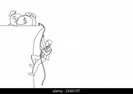 Durchgehend eine Linie zeichnender Geschäftsmann, der mit Seilen in Richtung Geldbeutel klettert. Kletterer hängt am Seil und zieht sich auf den felsigen Berg wa Stock Vektor