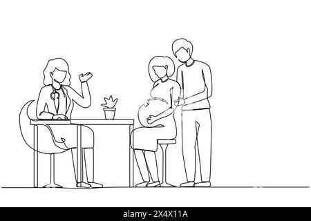 Einzelne einzeilige Familie, die ein Kind erwartet, das Arzt besucht, isoliert auf weißem Hintergrund. Ärztliche Beratung Schwangere mit Ehemann. Fortlaufend Stock Vektor