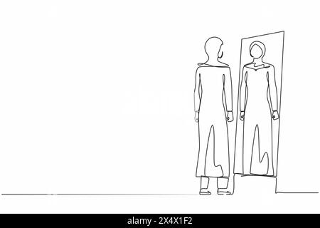 Eine durchgehende, einzeilige arabische Geschäftsfrau sieht sich in den Spiegel. Die Führungskraft betrachtet ihre Reflexion im Spiegel und bewertet ihre Kleidung. Sünde Stock Vektor