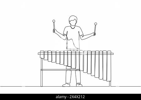Durchgehend eine Linie zeichnender Mann Percussion Spieler spielen Marimba. Junger männlicher Musiker, der traditionelles mexikanisches Marimba-Instrument beim Musikfestival spielt. Stock Vektor
