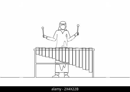 Eine einzelne durchgehende Linie zeichnet arabischer Mann Percussion Spieler spielt Marimba. Männlicher Musiker, der traditionelles mexikanisches Marimba-Instrument beim Musikfestival spielt Stock Vektor