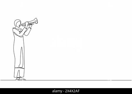 Eine durchgehende Linie, die arabische Frau, die Trompete spielt, zeichnet. Instrumentalmusik. Jazzmusiker spielt Trompeteninstrument. Trompetenspieler. Orchester pro Stock Vektor