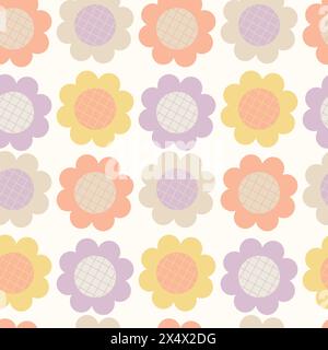 Y2K Ästhetik, Groovy Gänseblümchenblümchen nahtloses Muster in Farbfeldern. Floraler Vektor-Hintergrund im 1970er Jahre Hippie Retro-Stil für Druck auf Textil Stock Vektor