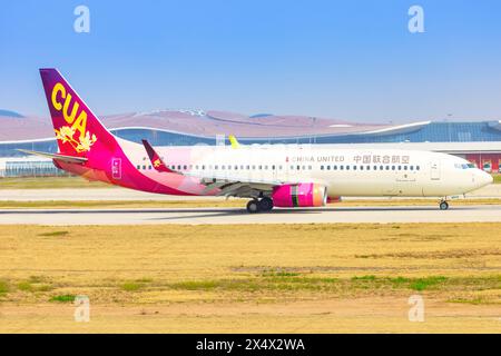 China Vereinigte im April 2024 Flugzeuge der Boeing 737 mit Magnolia-Lackierung am Flughafen Shanghai in China Stockfoto