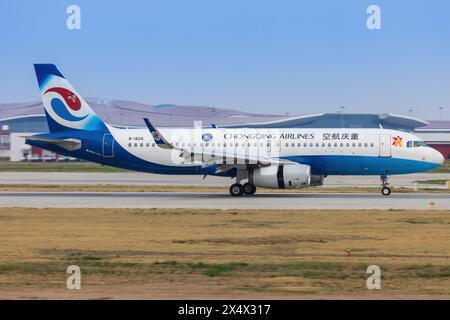 Chongqing Boeing 737 Flugzeuge mit Yunnan Peacock (orange) am Flughafen Shanghai in China im April 2024 Stockfoto