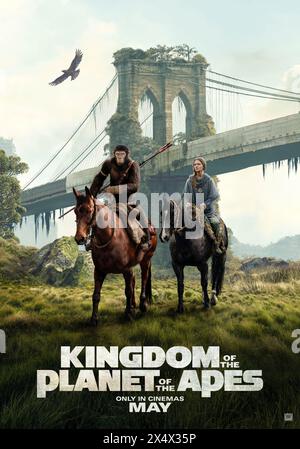 Kingdom of the Planet of the Affen (2024) unter der Regie von Wes Ball mit Freya Allan, Kevin Durand und Dichen Lachman. Viele Jahre nach der Herrschaft Cäsars geht ein junger Affe auf eine Reise, die ihn dazu bringt, alles, was ihm über die Vergangenheit gelehrt wurde, in Frage zu stellen und Entscheidungen zu treffen, die eine Zukunft für Affen und Menschen definieren. US-POSTER ***NUR FÜR REDAKTIONELLE ZWECKE***. Quelle: BFA / Twentieth Century Studios Stockfoto