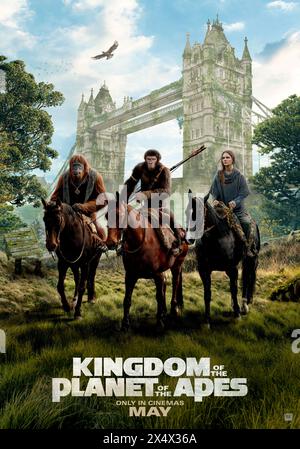 Kingdom of the Planet of the Affen (2024) unter der Regie von Wes Ball mit Freya Allan, Kevin Durand und Dichen Lachman. Viele Jahre nach der Herrschaft Cäsars geht ein junger Affe auf eine Reise, die ihn dazu bringt, alles, was ihm über die Vergangenheit gelehrt wurde, in Frage zu stellen und Entscheidungen zu treffen, die eine Zukunft für Affen und Menschen definieren. UK-POSTER ***NUR FÜR REDAKTIONELLE ZWECKE***. Quelle: BFA / Twentieth Century Studios Stockfoto