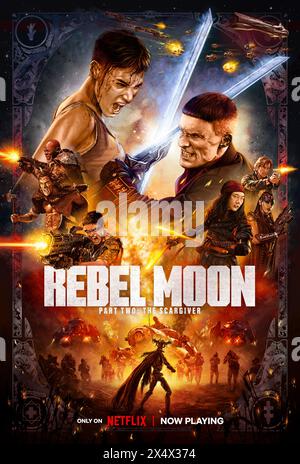 Rebel Moon – Teil zwei: Der Schnorchelspieler (2024) unter der Regie von Zack Snyder mit Sofia Boutella, Djimon Hounsou und Ed Skrein in den Hauptrollen. KORA und überlebende Krieger bereiten sich darauf vor, Veldt, ihr neues Zuhause, neben seinen Leuten gegen das Reich zu verteidigen. Die Krieger stellen sich ihrer Vergangenheit und enthüllen ihre Beweggründe, bevor die Truppen des Reiches eintreffen, um die wachsende Rebellion zu zerschlagen. Werbeplakat ***NUR REDAKTIONELLE VERWENDUNG***. Kredit: BFA/Netflix Stockfoto