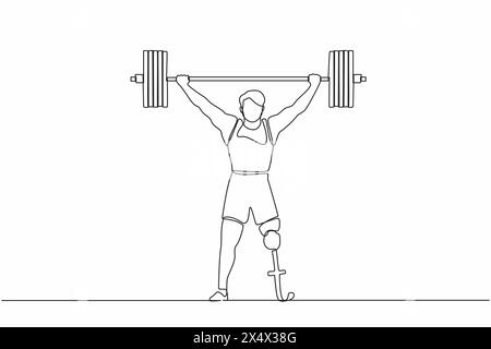 Einzelne durchgehende Linie, die starken behinderten Bodybuilder Sportler zieht, der schwere Hantel über den Kopf hebt. Gewichtheben für Behinderte. O Stock Vektor