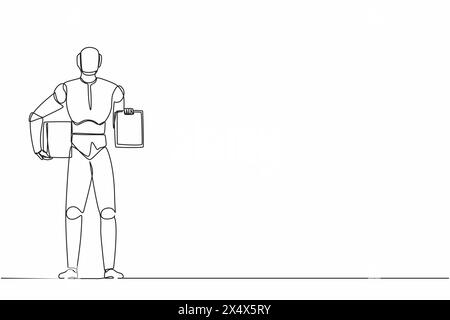Ein Roboter für das kontinuierliche Zeichnen von Linien, der Kästen und Zwischenablage mit Dokumenten hält. Moderne Robotik-Technologie für künstliche Intelligenz. Elektronische Technik Stock Vektor