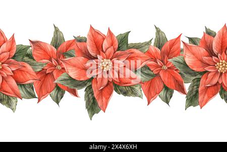 Weihnachtsstern, rote Weihnachtsblume mit grünen Blättern. Nahtloser botanischer Rand in Aquarellfarben im Vintage-Stil auf isoliertem Hintergrund. Zeichnung für Einladungen Stockfoto