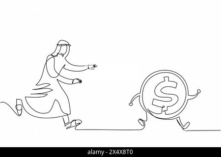 Eine durchgehende Linie, die arabische Geschäftsmann auf der Jagd nach Dollarmünze zeichnet. Nach Erfolg streben, Träume verfolgen, Profit machen. Holen Sie sich so viel Geld wie möglich Stock Vektor