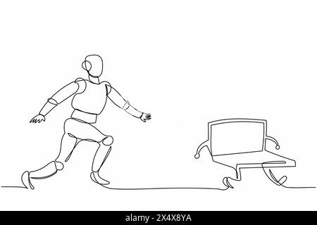 Einzelner Roboter mit kontinuierlicher Linienzeichnung jagt Laptop-Computer. Termin und Aufgabe. Moderne robotische Künstliche Intelligenz. Elektronik-Technologie-Industrie Stock Vektor