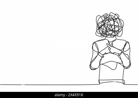 Roboter zum kontinuierlichen Zeichnen einer Linie mit runden Kritzeleien anstelle des Kopfes. Kreuzende Finger, die x. kreuzen, falsch oder verboten. Humanoider Roboter-Cyber Stock Vektor