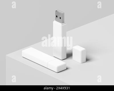 Pendrive. Isoliert auf weißem Hintergrund. USB-Flash-Laufwerk. Datenspeichergerät. Stiftantrieb. Ausstellungsständer. Modell. Leer. 3D-Abbildung. Stockfoto