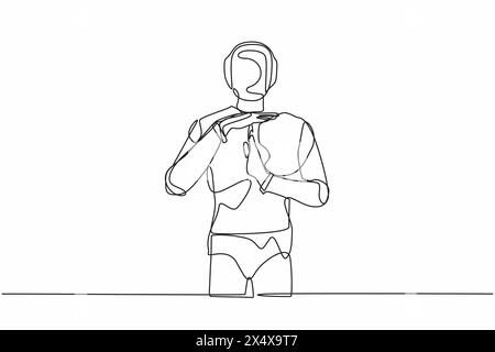 Roboter für kontinuierliches Zeichnen einer Linie steht mit Zeitunterbrechungsgeste, Zeitüberschreitungssignal. Pause. Arbeiten Sie nicht mehr. Humanoider Roboter-kybernetischer Organismus. In der Zukunft Stock Vektor