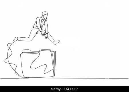 Durchgehende einzeilige Zeichnung Geschäftsmann, der über das Symbol für große Ordner springt. Dokumente und Aktenordner aus Büropapier. Analyse und Erforschung kreativer Prozesse Stock Vektor