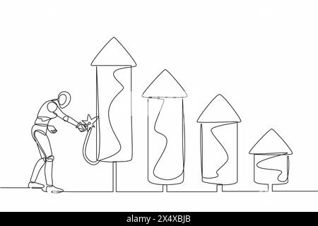 Ein einzelner Strichzeichnungsroboter entzündet ein Balkendiagramm für Feuerwerkskörper, um das Unternehmenswachstum zu steigern. Steigerung des wirtschaftlichen Gewinns in der elektronikindustrie Stock Vektor