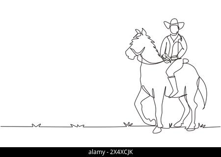 Eine durchgehende Linie zeichnet Cowboy, der in der Wüste auf einem stehenden Pferd reitet. Mann mit Cowboyhut reitend Pferd. Ältere Männer posieren elegant zu Pferd. Dynami Stock Vektor