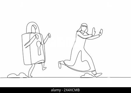 Durchgehende Linie zeichnet unglücklichen arabischen Geschäftsmann, der vom Vorhängeschloss gejagt wird. Manager konnte die Sicherheit des Geschäftsschutzes nicht abrufen. Minimalistische Metaph Stock Vektor