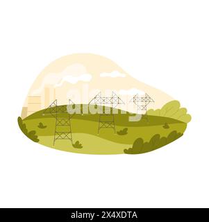 Sommer ländliche Landschaft mit Hochspannungsleitung und Übertragungstürmen durch Felder Vektor Illustration Stock Vektor