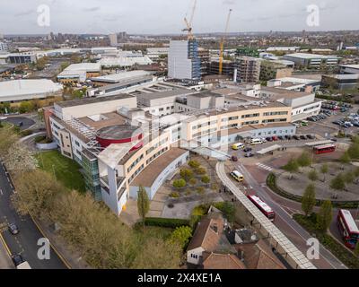 Luftaufnahme des Central Middlesex Hospital, Park Royal, London, Großbritannien. Stockfoto